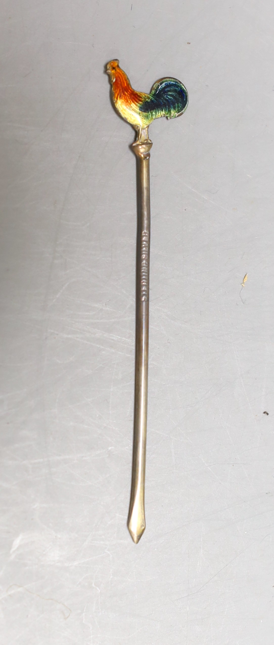 A cased set of twelve sterling and polychrome enamel cocktail sticks, the terminals modelled as cockerels, 80mm.